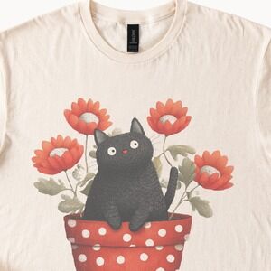 Black Cat Flower Pot Graphic Tee Whimsical Art